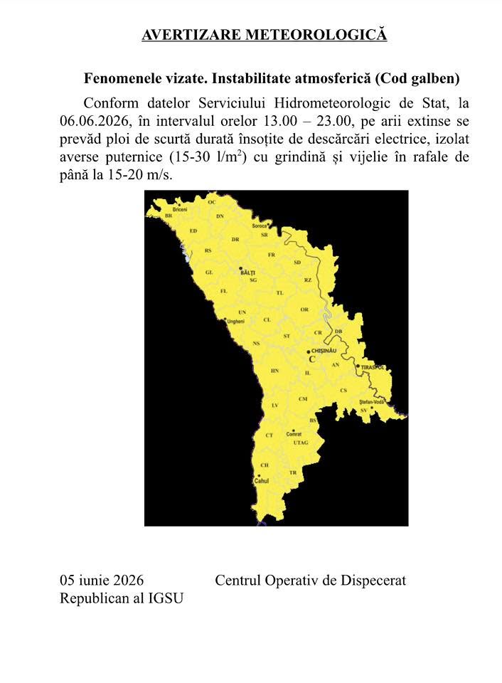 Avertizare de Cod Galben: Instabilitate atmosferică, averse puternice cu grindină și vijelii pe 6 iunie!