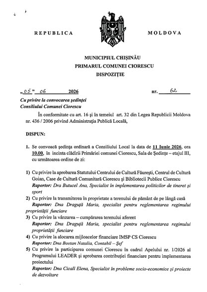Dispoziția Primarului comunei Ciorescu privind convocarea ședinței ordinare a Consiliului Local din 11 iunie 2026!