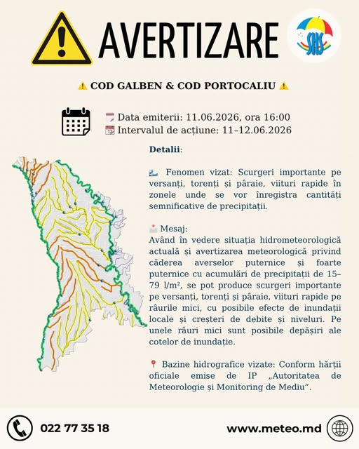 Avertizare Hidrologică (Cod Galben și Cod Portocaliu): Pericol de scurgeri pe versanți și viituri rapide în perioada 11–12 iunie 2026!