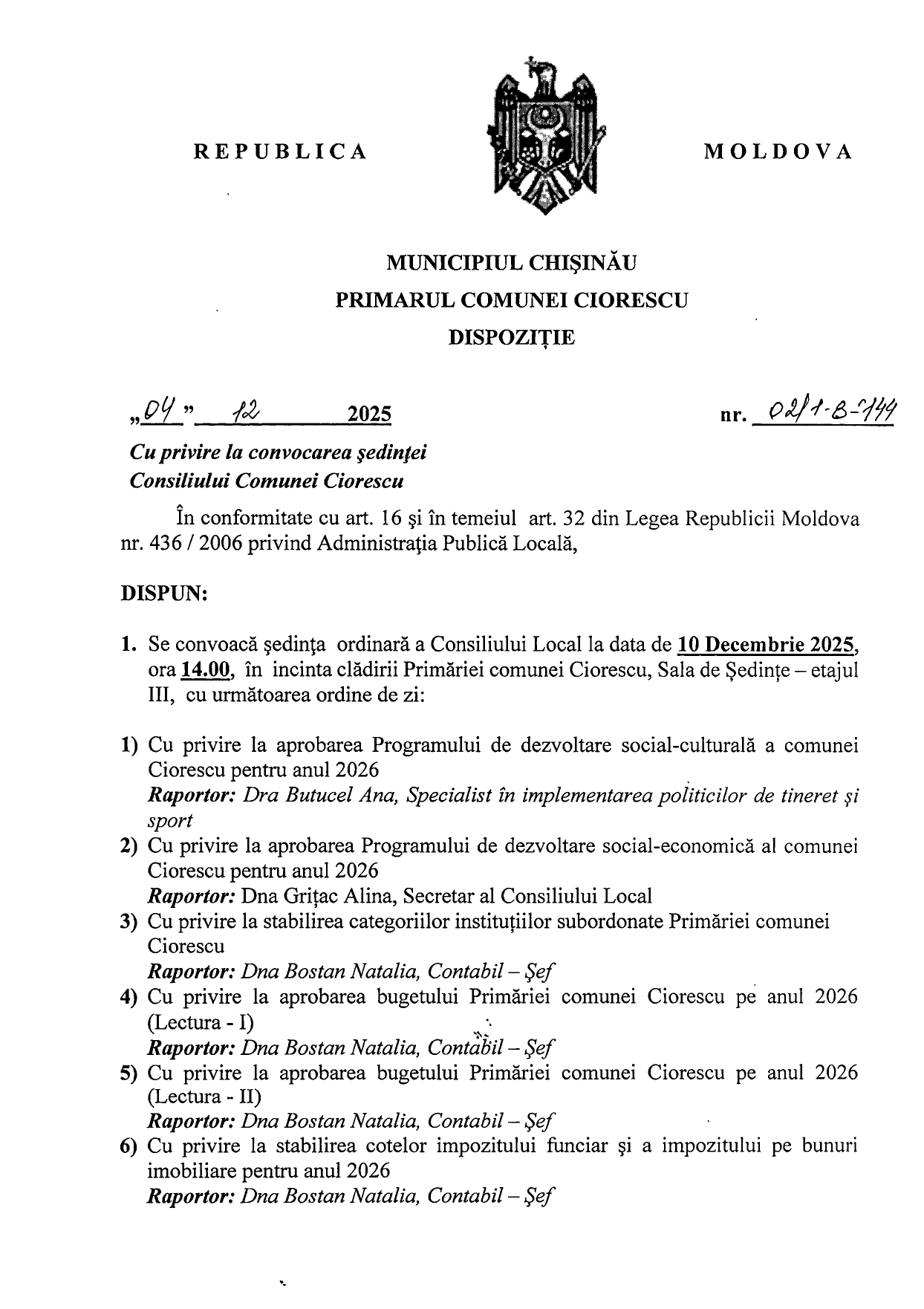 Cu privire la convocarea ședinței Consiliului Comunei Ciorescu