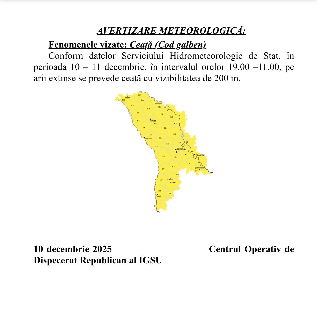 AVERTIZARE METEOROLOGICĂ: Ceață(Cod Galben)! 10-11 DECEMBRIE