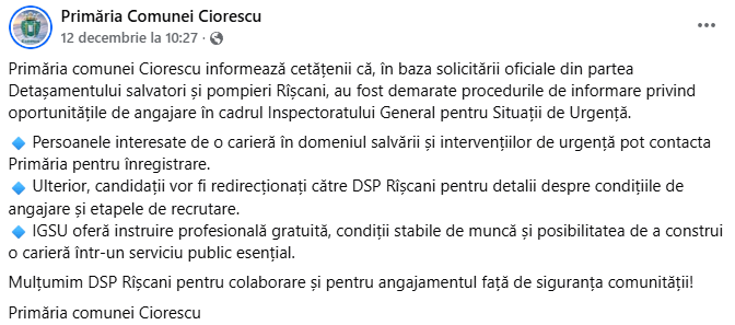 Primăria comunei Ciorescu informează cetățenii că, în baza solicitării oficiale din partea Detașamentului salvatori și pompieri Rîșcani!