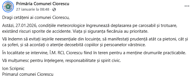 Vă îndemn să evitați ieșirile neesențiale din locuințe, să manifestați prudență atât ca pietoni, cât și ca șoferi!