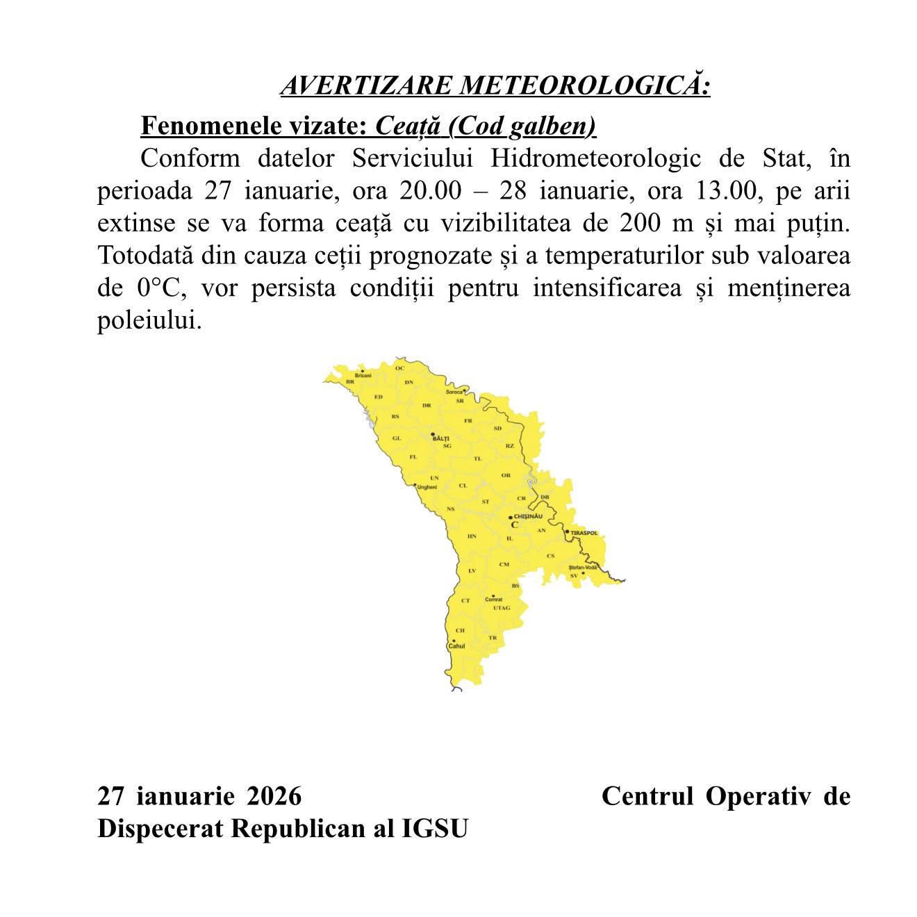 AVERTIZARE METEOROLOGICĂ: Fenomene vizate: Ceață (Cod Galben)