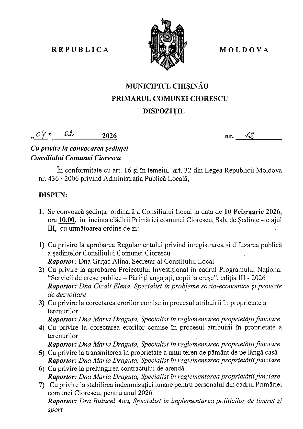 Ședința Consiliului Local Ciorescu va avea loc pe 10 februarie 2026: Ordinea de zi și subiectele propuse