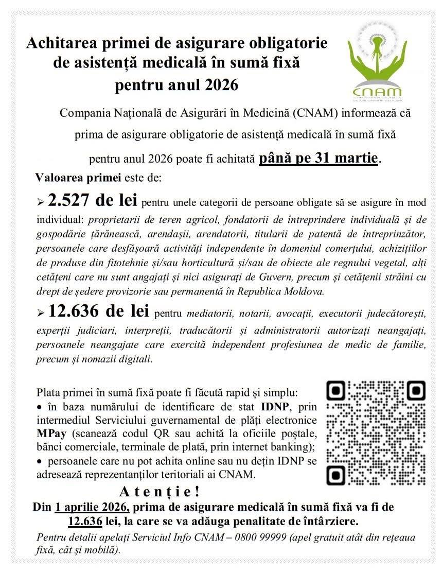 Achitarea primei de asigurare obligatorie de asistență medicală în sumă fixă pentru anul 2026!