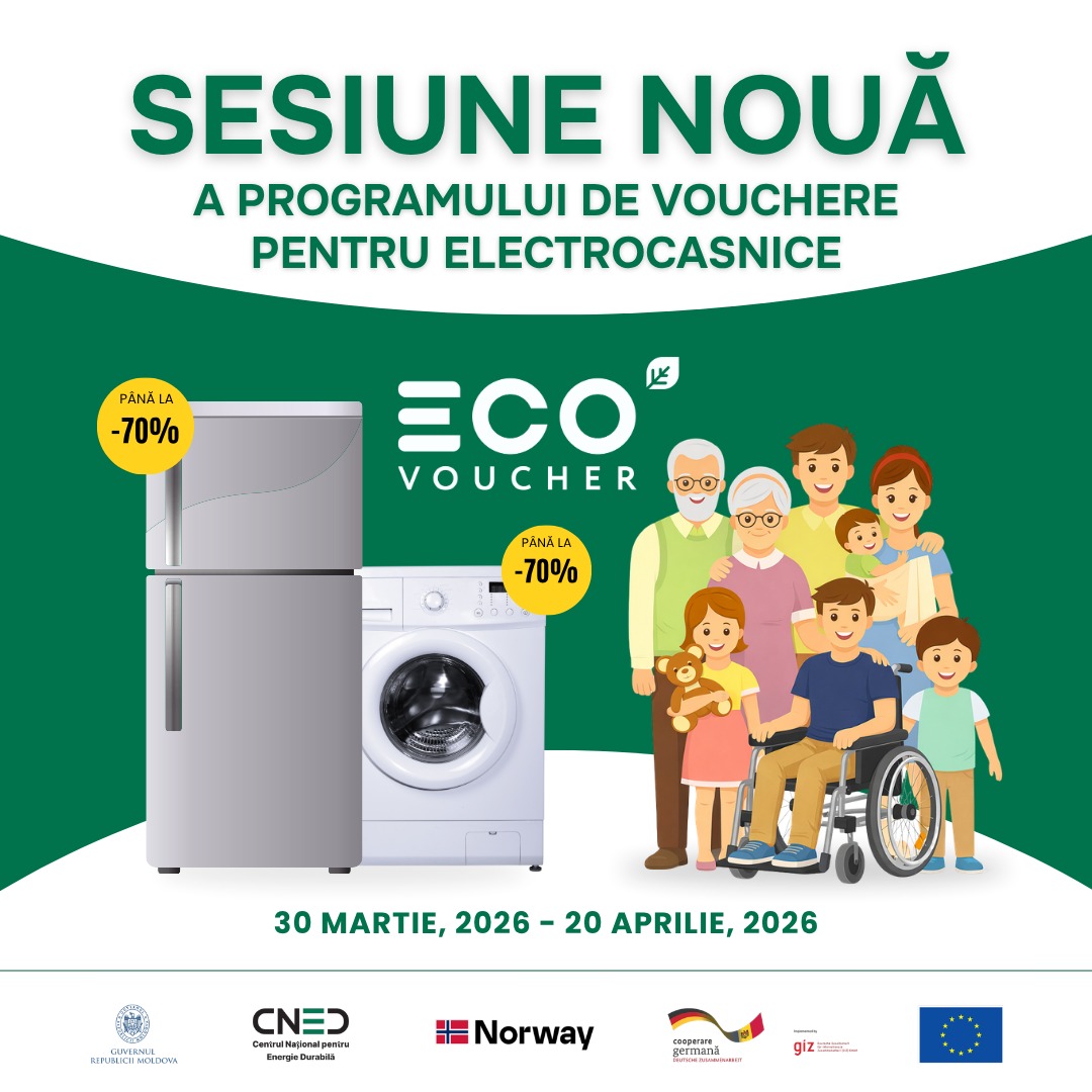 Programul EcoVoucher 2026: sprijin pentru 3000 de familii din Moldova pentru electrocasnice eficiente energetic!