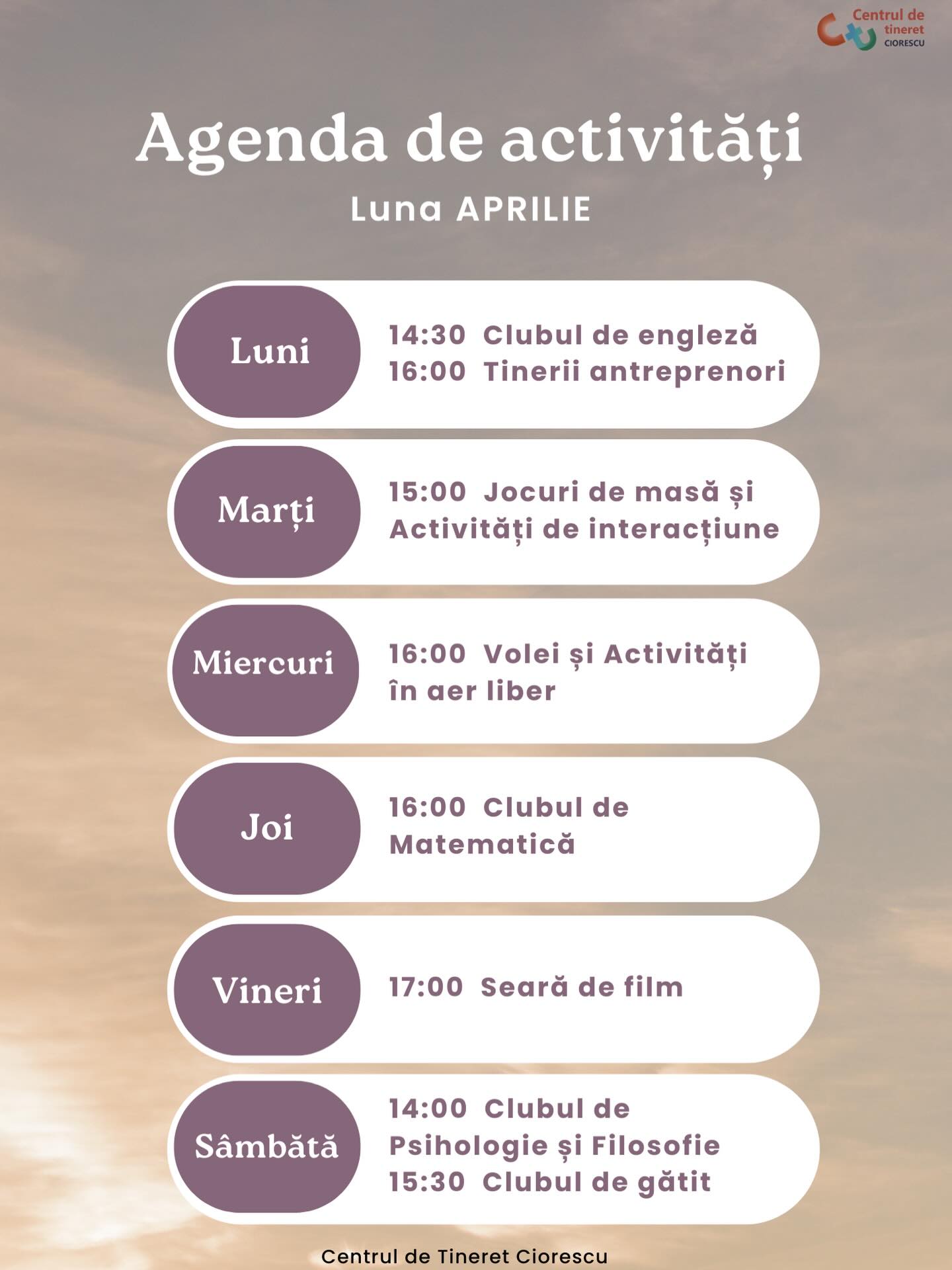 Agenda de activități – Luna Aprilie la Centrul de Tineret Ciorescu!