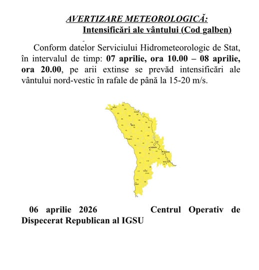 Avertizare meteo: Cod galben de vânt puternic în Republica Moldova pe 7–8 aprilie 2026!