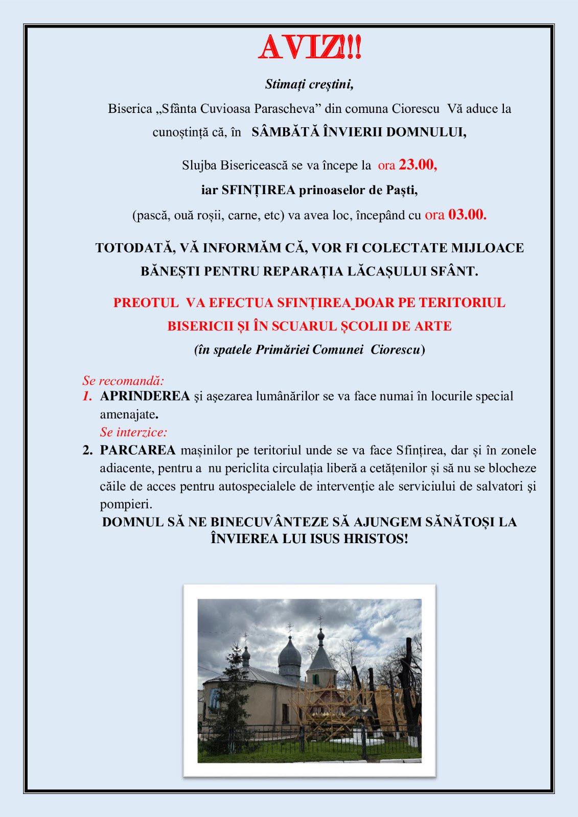 Programul slujbei de Paști la Biserica „Sfânta Parascheva” din Ciorescu și recomandări pentru credincioși!