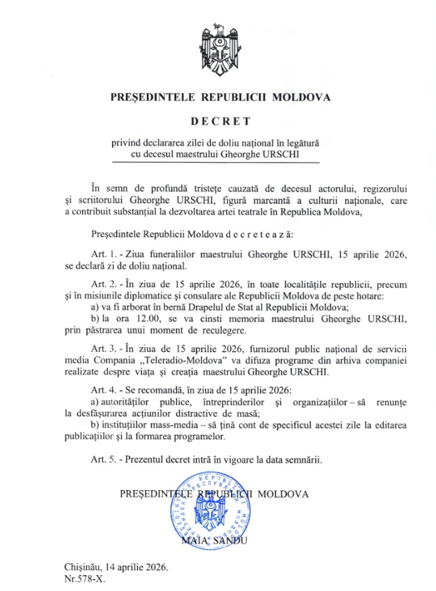 Președinta Maia Sandu a semnat un decret privind declararea zilei de 15 aprilie 2026 zi de doliu național!
