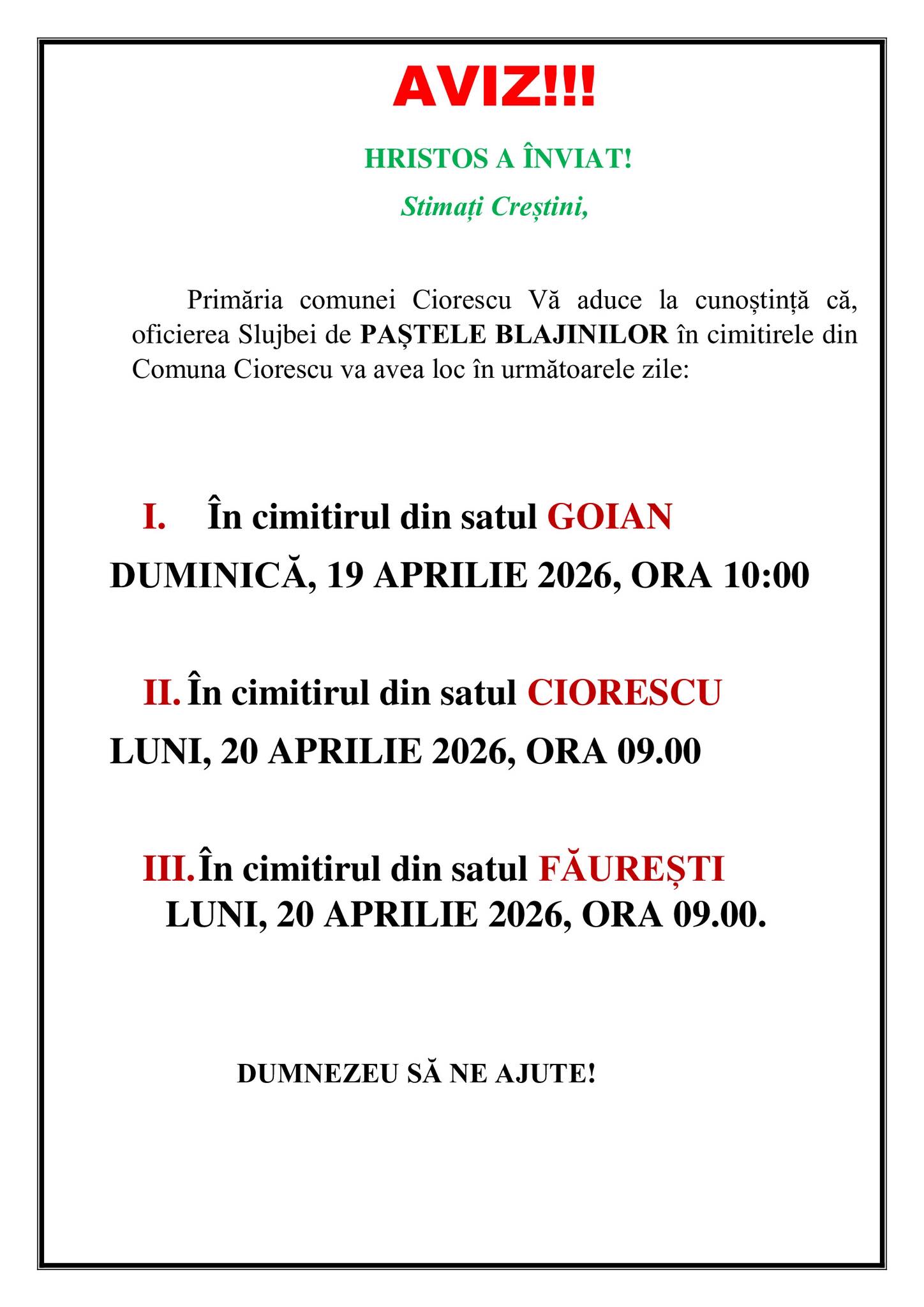 Programul Paștelui Blajinilor în comuna Ciorescu: datele și orele oficierii slujbelor în cimitire!