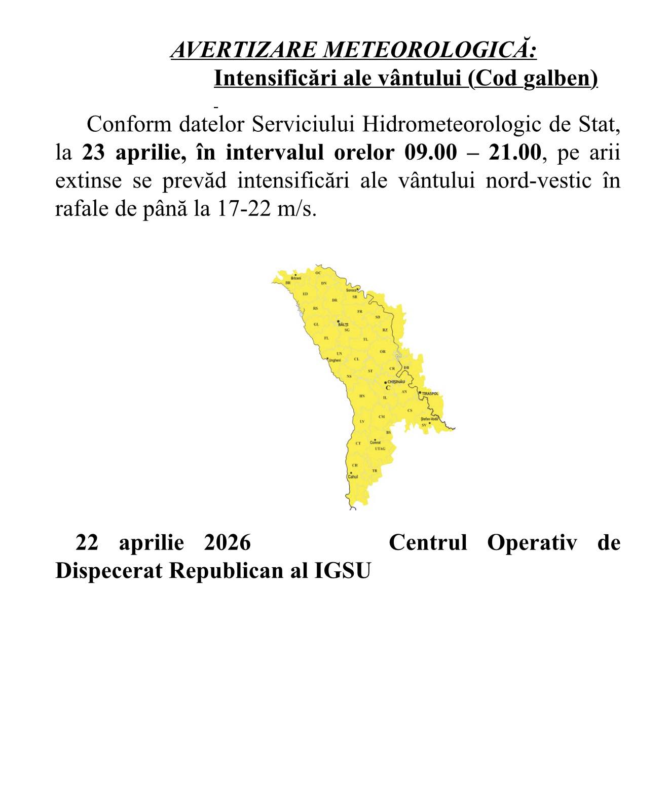 AVERTIZARE METEOROLOGICĂ: Intensificări ale vântului (Cod galben)!