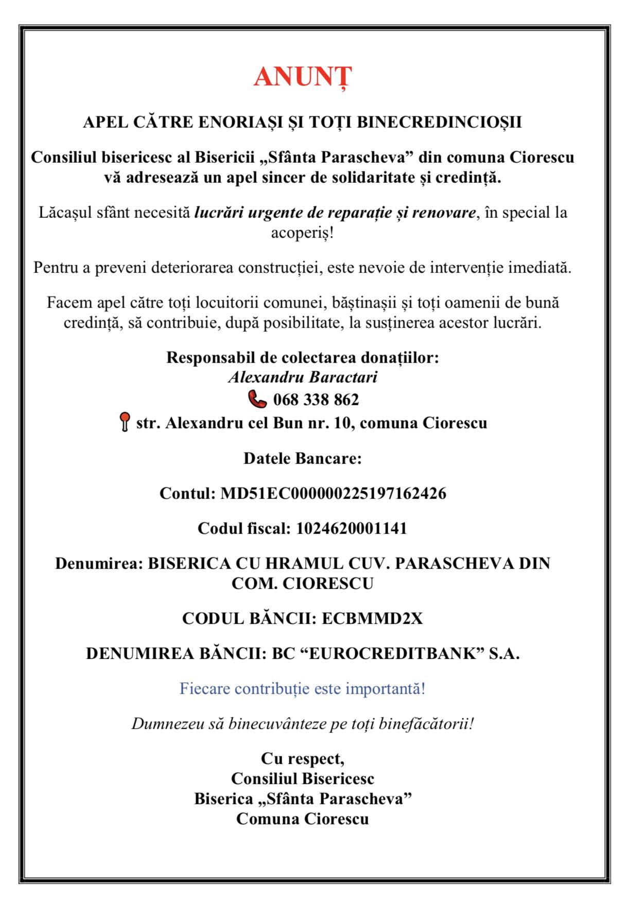 Apel către comunitate pentru renovarea urgentă a Bisericii „Sfânta Parascheva” din Ciorescu!