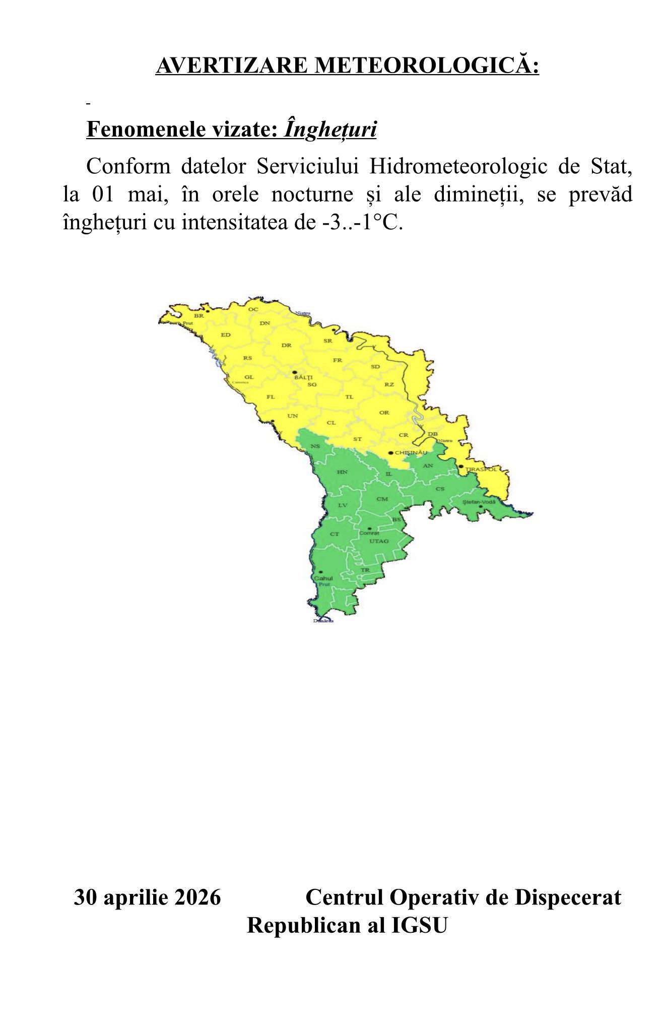 AVERTIZARE METEOROLOGICĂ:  Fenomenele vizate - Înghețuri(01.05.2026)!