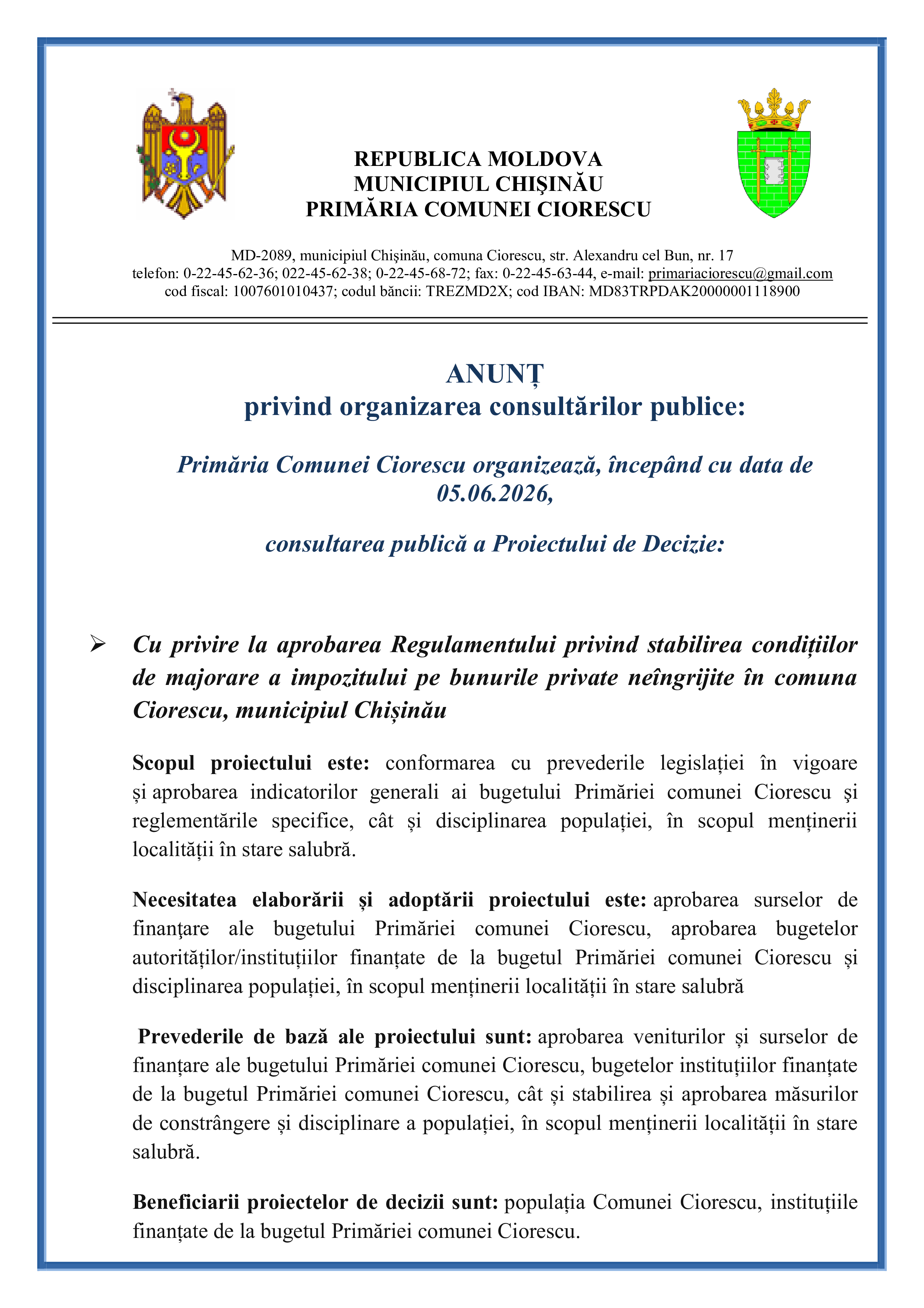 Aprobarea Regulamentului privind stabilirea condițiilor de majorare a impozitului pe bunurile private neîngrijite în comuna Ciorescu, municipiul Chișinău