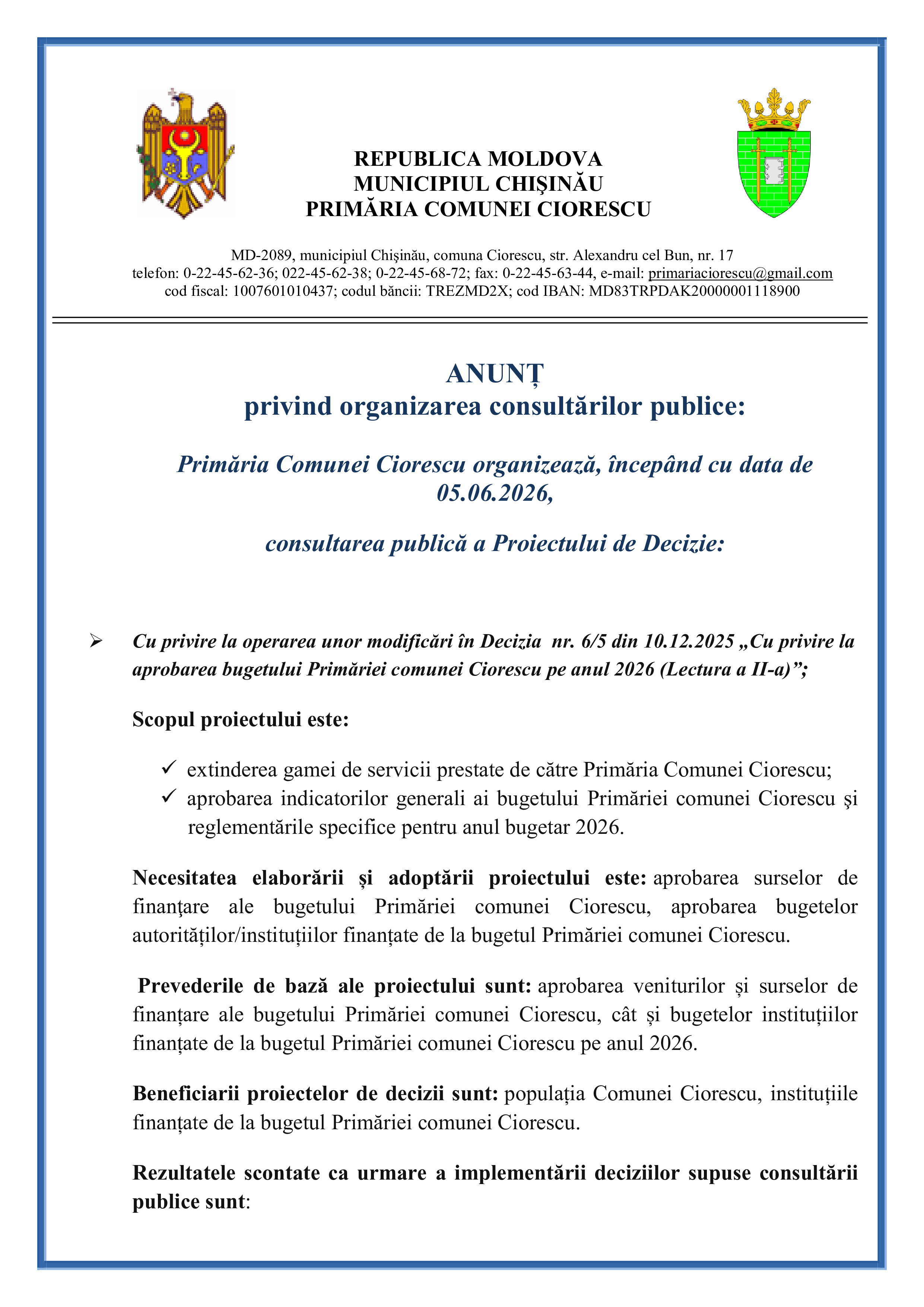 operarea unor modificări în Decizia nr. 6/5 din 10.12.2025 „Cu privire la aprobarea bugetului Primăriei comunei Ciorescu pe anul 2026 (Lectura a II-a)