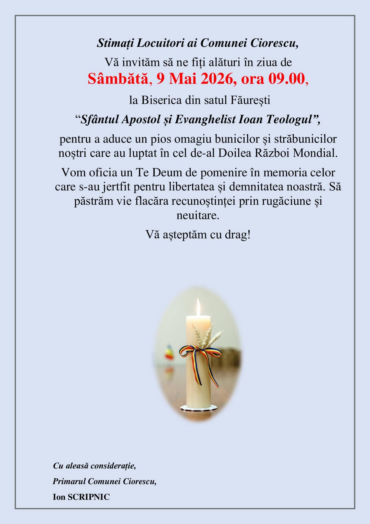 Invitație la slujba de pomenire a eroilor celui de-al Doilea Război Mondial!