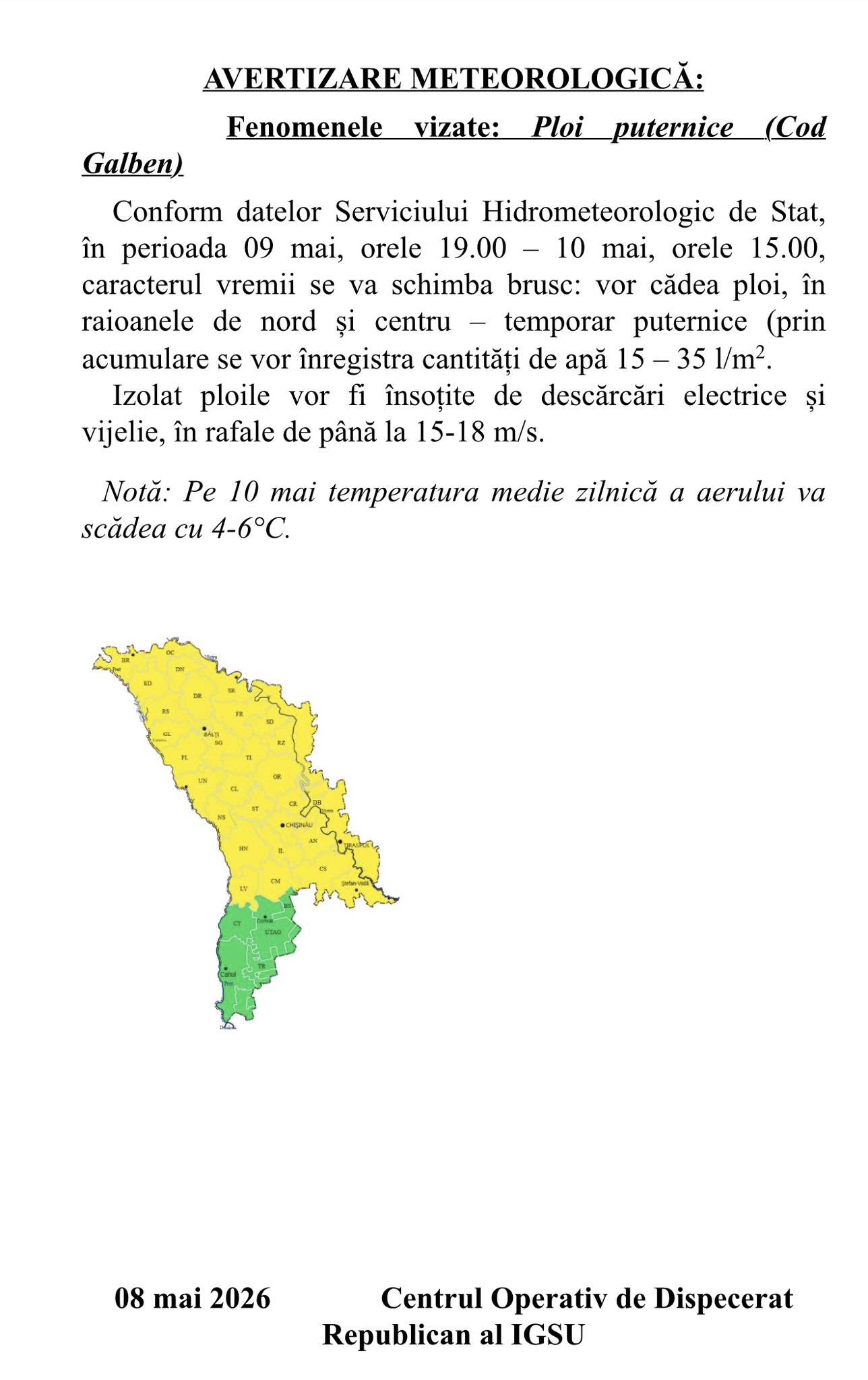 AVERTIZARE METEOROLOGICĂ:  Fenomenele vizate: Ploi puternice (Cod Galben)!