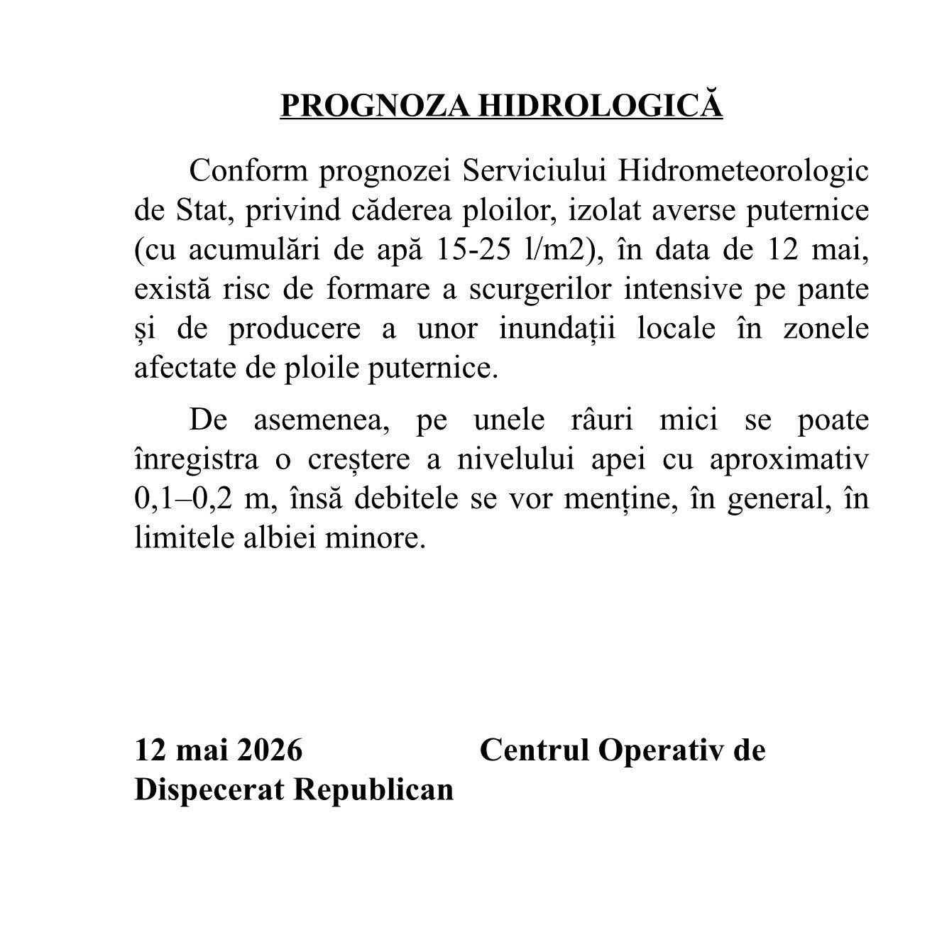Conform prognozei Serviciului Hidrometeorologic de Stat, privind căderea ploilor, izolat averse puternice!