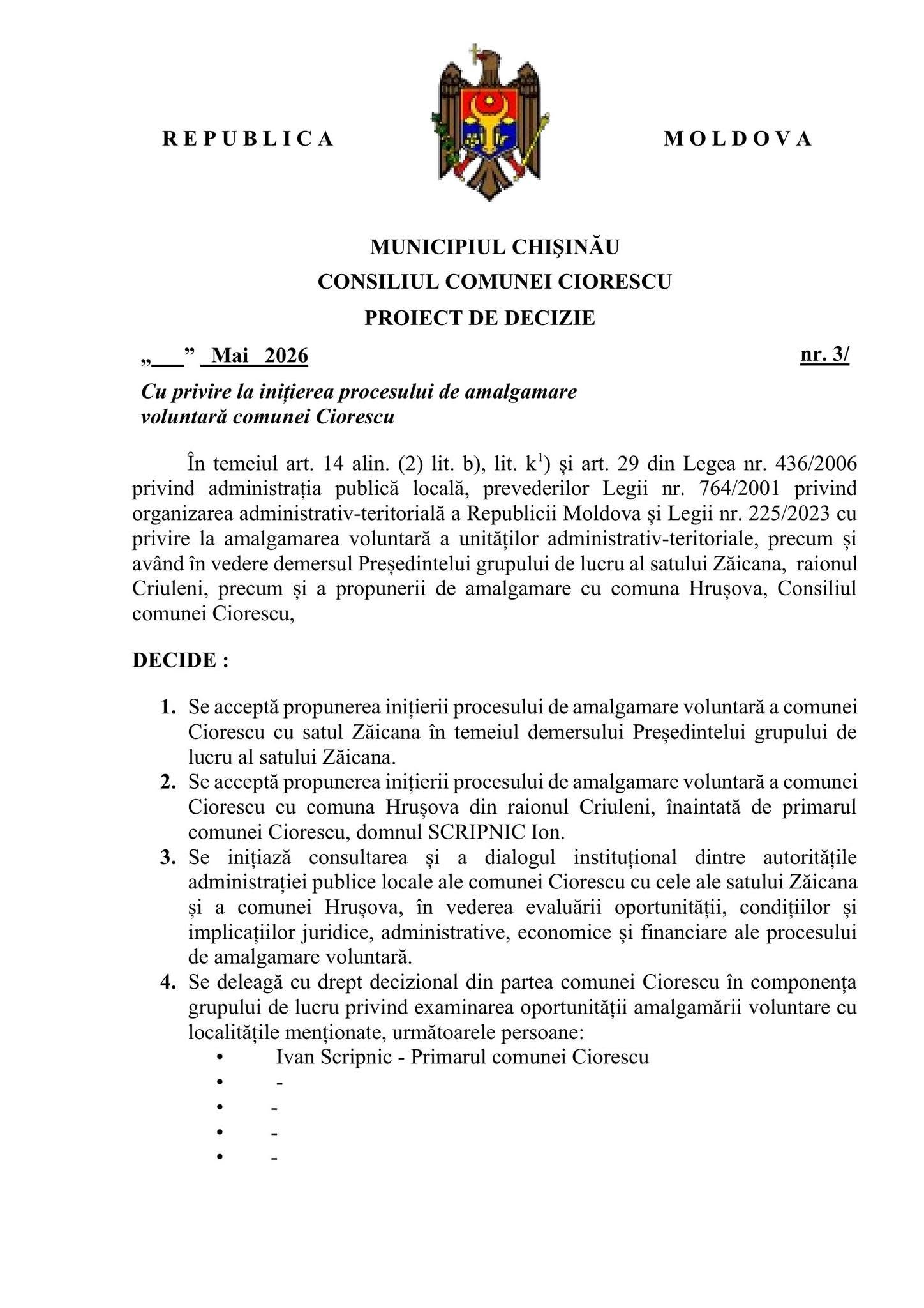 Consultări privind amalgamarea voluntară a comunei Ciorescu cu localitățile Zaicana și Hrușova!