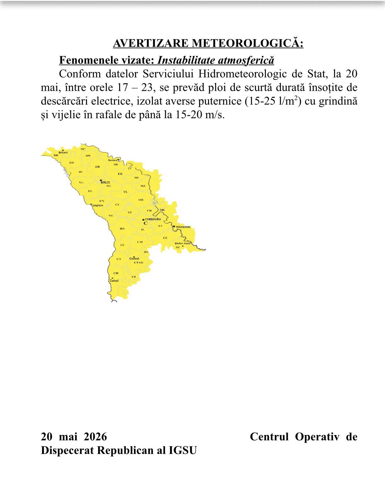 Avertizare meteorologică: instabilitate atmosferică pe teritoriul Republicii Moldova!