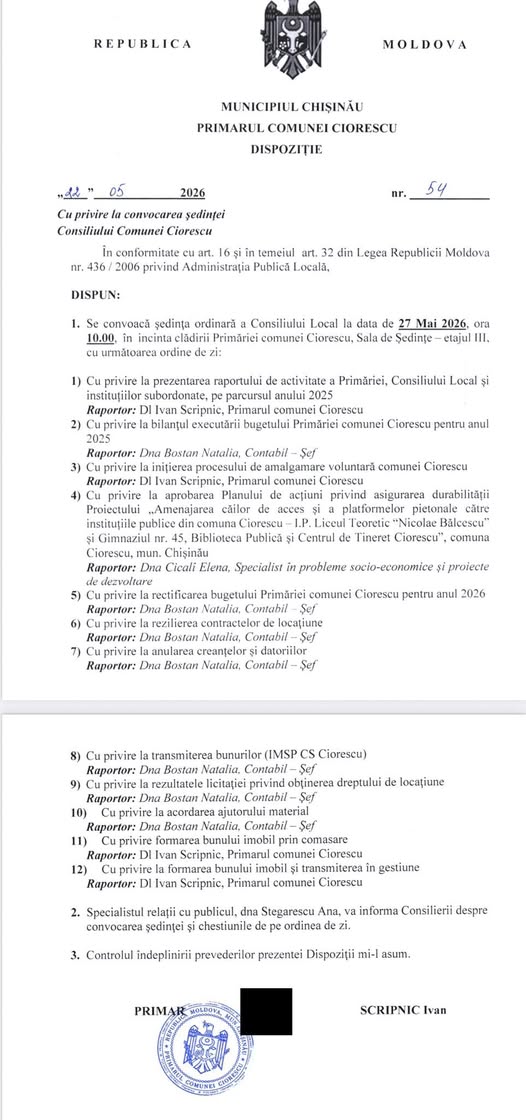 Dispoziția Primarului comunei Ciorescu nr. 54 din 22 mai 2026 privind convocarea ședinței ordinare a Consiliului Local!