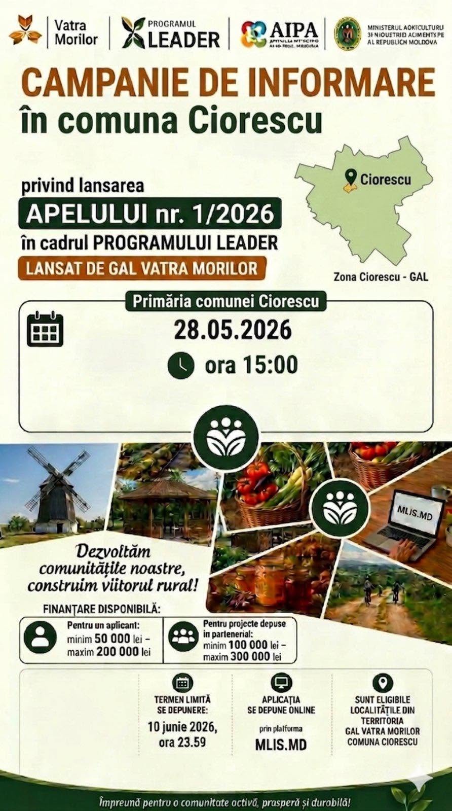 Joi, 28 mai 2026, ora 15:00, în incinta Primăriei comunei Ciorescu, sunt așteptați toți cei interesați din domeniul privat și civic!