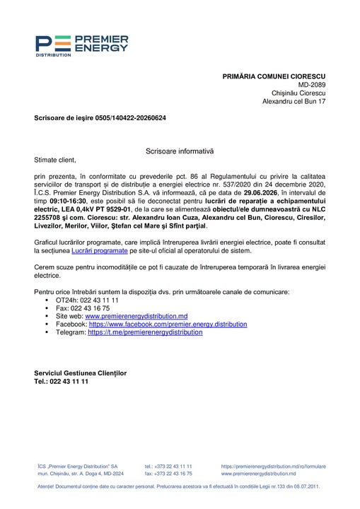 Scrisoare informativă Premier Energy: Deconectări programate de energie electrică în comuna Ciorescu pe 29 iunie 2026!