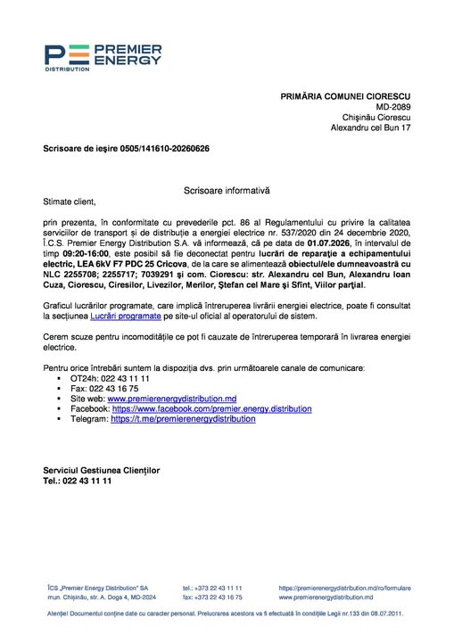 Scrisoare informativă Premier Energy: Deconectări programate de energie electrică în comuna Ciorescu pe 1 iulie 2026!
