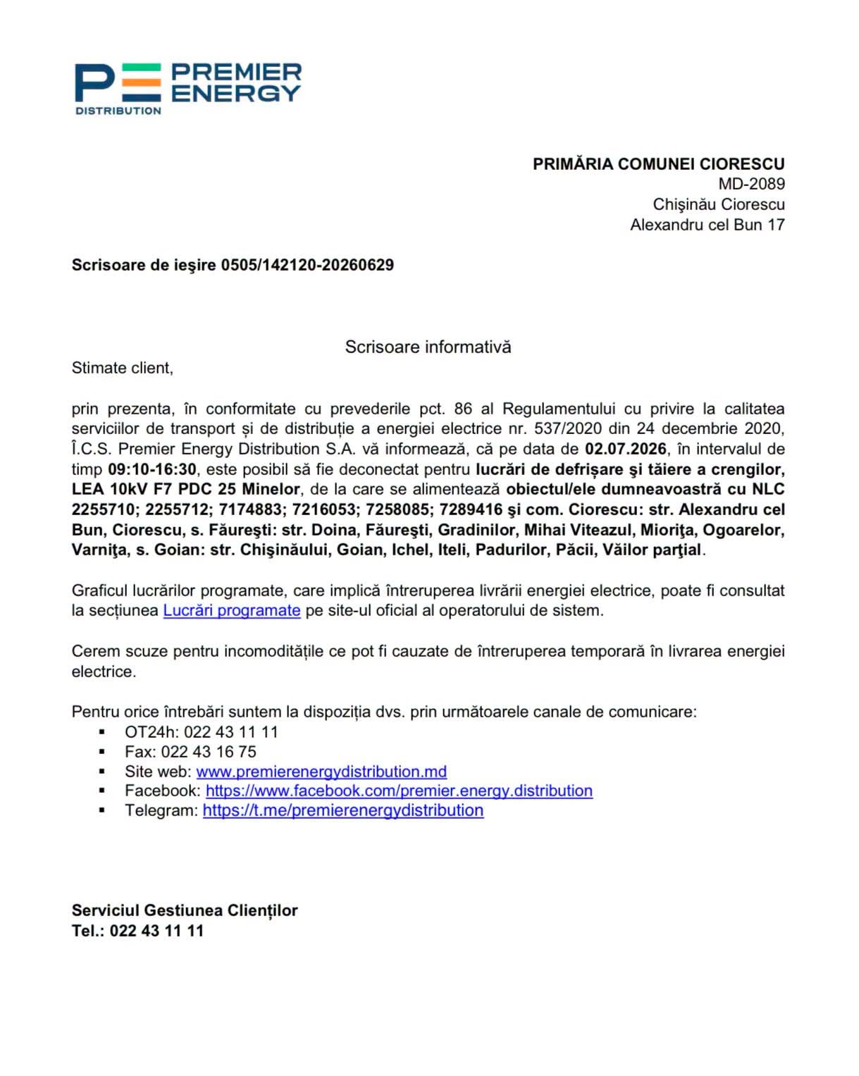 Scrisoare informativă Premier Energy: Deconectări programate de energie electrică în com. Ciorescu, s. Făurești și s. Goian pe 2 iulie 2026!