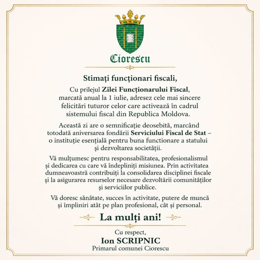Mesaj de felicitare de Ziua Funcționarului Fiscal din partea Primarului comunei Ciorescu!