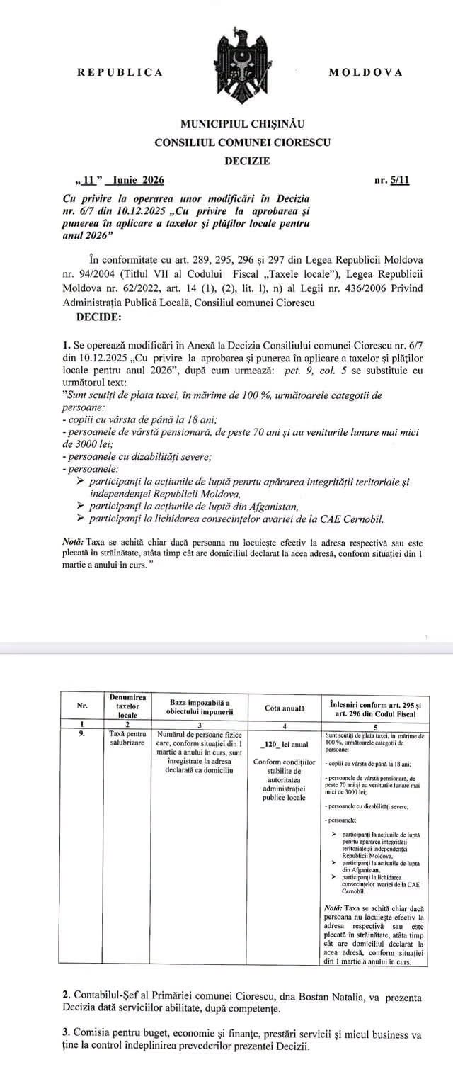 Decizia Consiliului comunei Ciorescu nr. 5/11 privind modificarea taxei pentru salubrizare pe anul 2026!