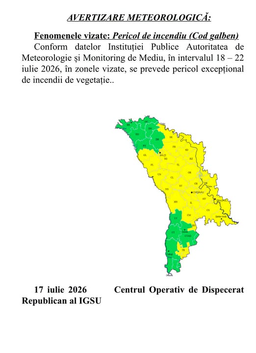 Avertizare meteorologică: Cod galben de pericol excepțional de incendii de vegetație (18–22 iulie 2026)!