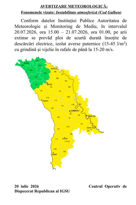Avertizare meteorologică: Cod galben de instabilitate atmosferică (20–21 iulie 2026)!