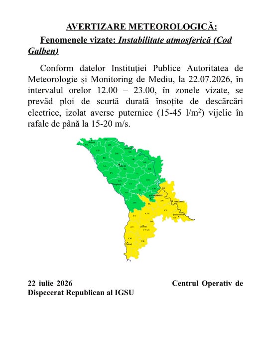 Avertizare meteorologică: Cod galben de instabilitate atmosferică pentru ziua de 22 iulie 2026!