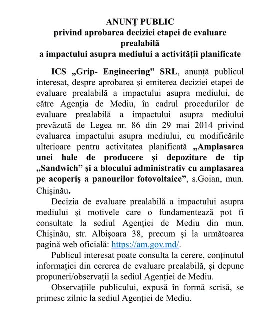 Anunț public ICS „Grip-Engineering” SRL: Aprobarea deciziei de evaluare prealabilă a impactului asupra mediului pentru activitatea planificată în satul Goian!