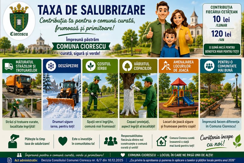 Taxa de salubrizare în comuna Ciorescu – o contribuție mică pentru o comunitate curată, verde și bine întreținută!