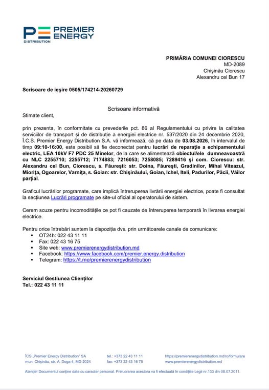 Atenție! Întrerupere programată a energiei electrice în comuna Ciorescu, pe 3 august!