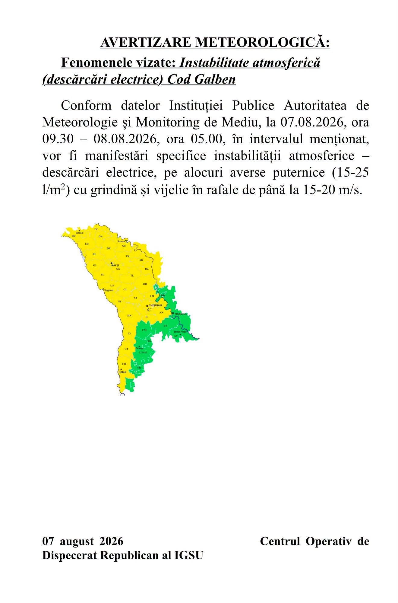Avertizare meteorologică – Cod galben de instabilitate atmosferică și descărcări electrice!