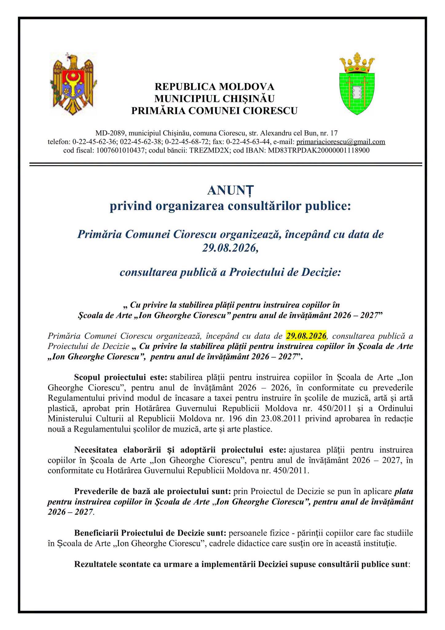 Consultare publică: Stabilirea plății pentru instruirea copiilor la Școala de Arte „Ion Gheorghe Ciorescu” pentru anul de învățământ 2026–2027!