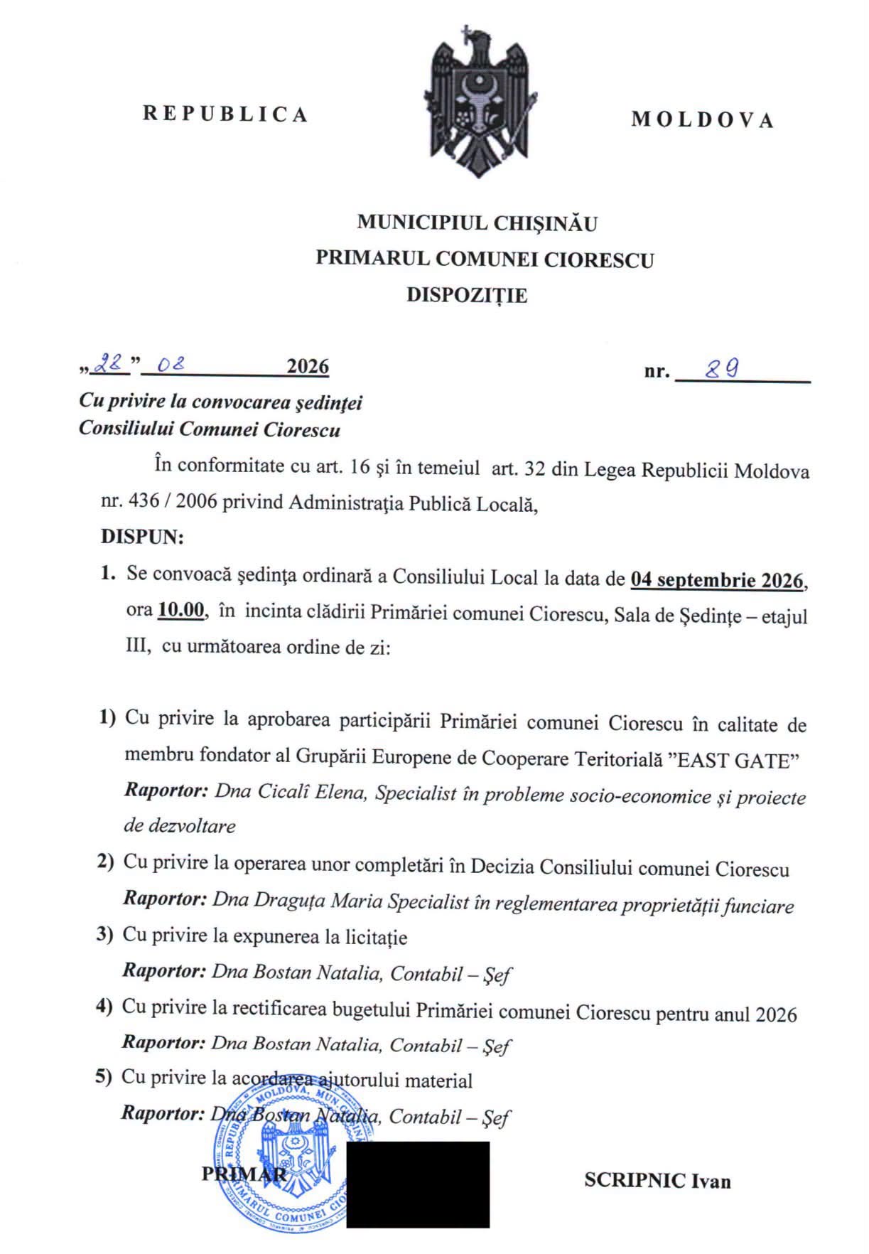 Convocarea ședinței ordinare a Consiliului Comunei Ciorescu din 4 septembrie 2026!