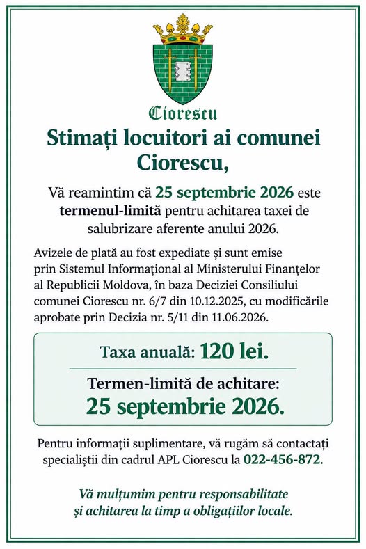 Vă reamintim că 25 septembrie 2026 este termenul-limită pentru achitarea taxei de salubrizare aferente anului 2026!